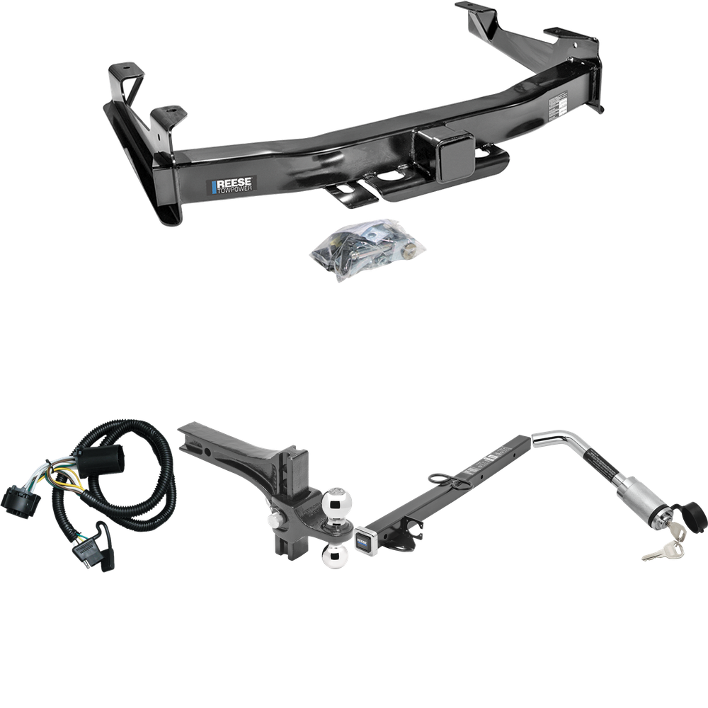 Fits 2007-2010 Chevrolet Silverado 3500 HD Trailer Hitch Tow PKG w/ 4-Flat Wiring Harness + 2-1/2" to 2" Adapter 24" Length + Adjustable Drop Rise Dual Ball Ball Mount 2" & 2-5/16" Trailer Balls + Hitch Lock By Reese Towpower