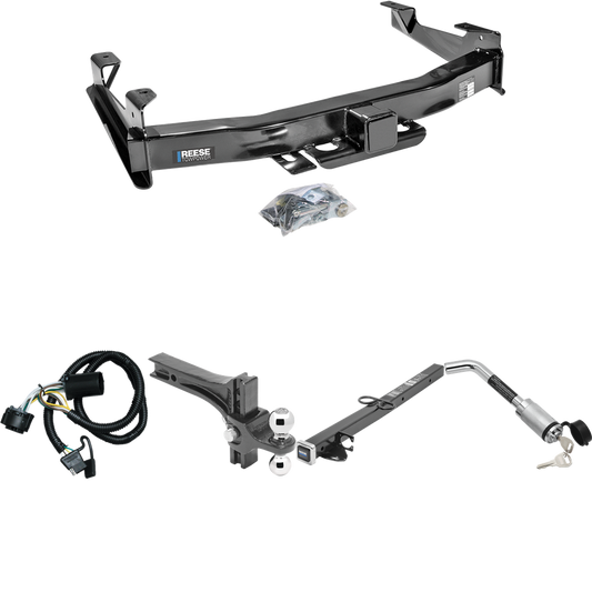 Fits 2007-2010 Chevrolet Silverado 3500 HD Trailer Hitch Tow PKG w/ 4-Flat Wiring Harness + 2-1/2" to 2" Adapter 24" Length + Adjustable Drop Rise Dual Ball Ball Mount 2" & 2-5/16" Trailer Balls + Hitch Lock By Reese Towpower