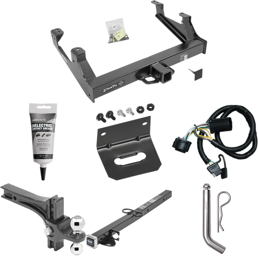 Fits 2015-2019 Chevrolet Silverado 3500 HD Trailer Hitch Tow PKG w/ 4-Flat Wiring Harness + 2-1/2" to 2" Adapter 24" Length + Adjustable Drop Rise Dual Ball Ball Mount 2" & 2-5/16" Trailer Balls + Pin/Clip + Wiring Bracket + Electric Grease By Draw-T