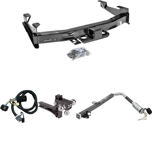 Fits 2007-2010 GMC Sierra 3500 HD Trailer Hitch Tow PKG w/ 4-Flat Wiring Harness + 2-1/2" to 2" Adapter 24" Length + Adjustable Drop Rise Triple Ball Ball Mount 1-7/8" & 2" & 2-5/16" Trailer Balls + Hitch Lock By Draw-Tite