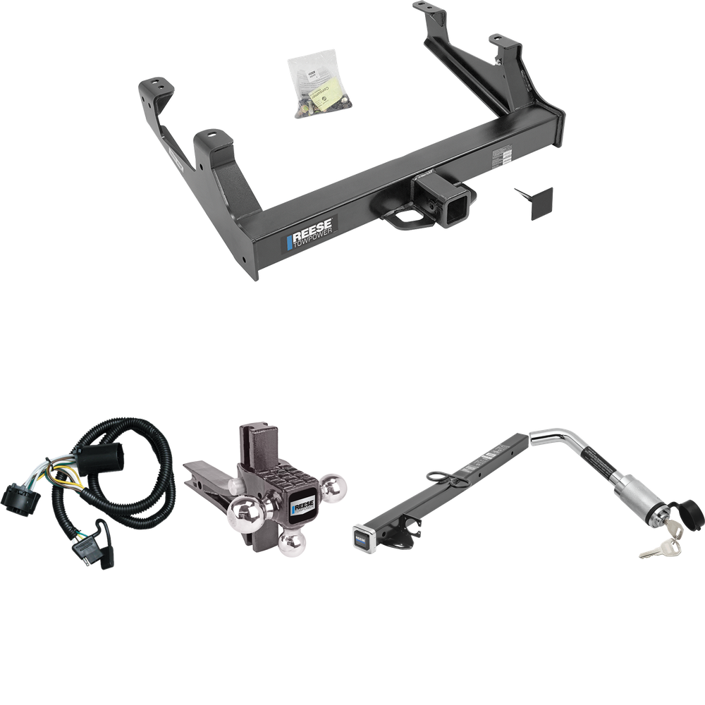 Fits 2015-2019 GMC Sierra 3500 HD Trailer Hitch Tow PKG w/ 4-Flat Wiring Harness + 2-1/2" to 2" Adapter 24" Length + Adjustable Drop Rise Triple Ball Ball Mount 1-7/8" & 2" & 2-5/16" Trailer Balls + Hitch Lock By Reese Towpower