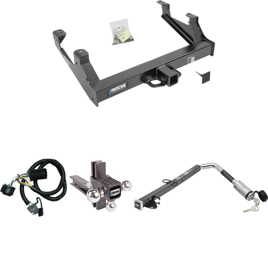 Fits 2015-2019 GMC Sierra 3500 HD Trailer Hitch Tow PKG w/ 4-Flat Wiring Harness + 2-1/2" to 2" Adapter 24" Length + Adjustable Drop Rise Triple Ball Ball Mount 1-7/8" & 2" & 2-5/16" Trailer Balls + Hitch Lock By Reese Towpower