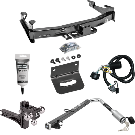 Fits 2007-2010 GMC Sierra 3500 HD Trailer Hitch Tow PKG w/ 4-Flat Wiring Harness + 2-1/2" to 2" Adapter 24" Length + Adjustable Drop Rise Triple Ball Ball Mount 1-7/8" & 2" & 2-5/16" Trailer Balls + Hitch Lock + Wiring Bracket + Electric Grease By Dr