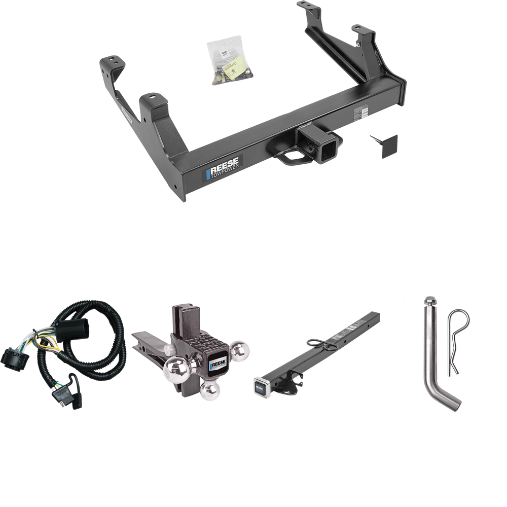 Fits 2015-2019 GMC Sierra 3500 HD Trailer Hitch Tow PKG w/ 4-Flat Wiring Harness + 2-1/2" to 2" Adapter 24" Length + Adjustable Drop Rise Triple Ball Ball Mount 1-7/8" & 2" & 2-5/16" Trailer Balls + Pin/Clip By Reese Towpower