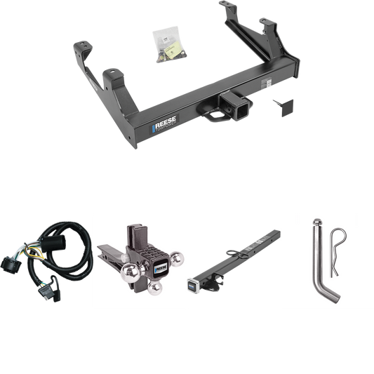 Fits 2015-2019 GMC Sierra 3500 HD Trailer Hitch Tow PKG w/ 4-Flat Wiring Harness + 2-1/2" to 2" Adapter 24" Length + Adjustable Drop Rise Triple Ball Ball Mount 1-7/8" & 2" & 2-5/16" Trailer Balls + Pin/Clip By Reese Towpower