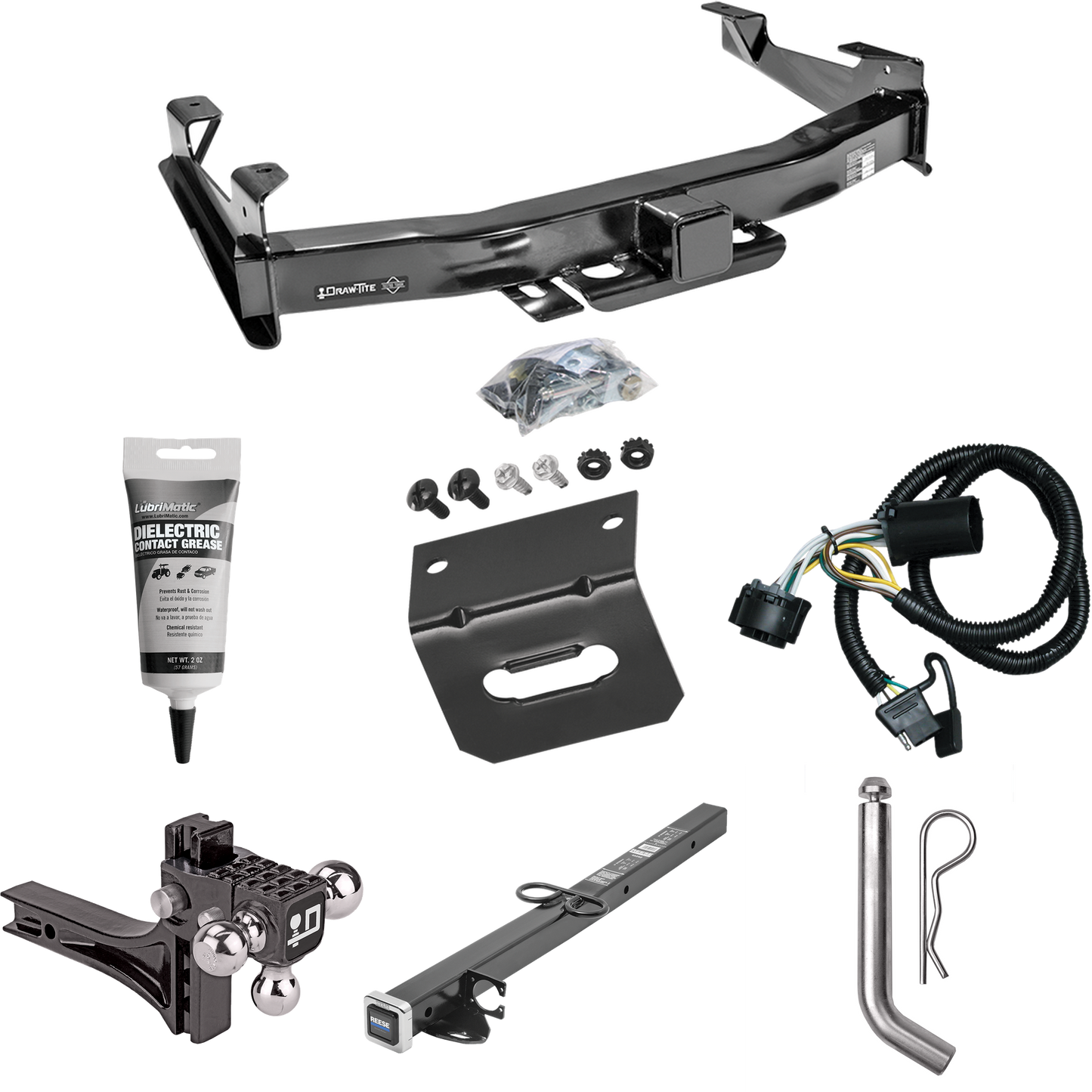 Fits 2007-2010 Chevrolet Silverado 3500 HD Trailer Hitch Tow PKG w/ 4-Flat Wiring Harness + 2-1/2" to 2" Adapter 24" Length + Adjustable Drop Rise Triple Ball Ball Mount 1-7/8" & 2" & 2-5/16" Trailer Balls + Pin/Clip + Wiring Bracket + Electric Greas