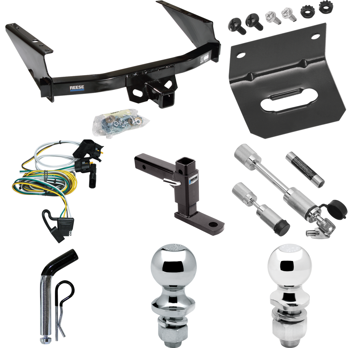 Fits 2004-2004 Ford F-150 Heritage Trailer Hitch Tow PKG w/ 4-Flat Wiring Harness + Adjustable Drop Rise Ball Mount + Pin/Clip + 2" Ball + 1-7/8" Ball + Dual Hitch & Coupler Locks (For Flareside Models) By Reese Towpower