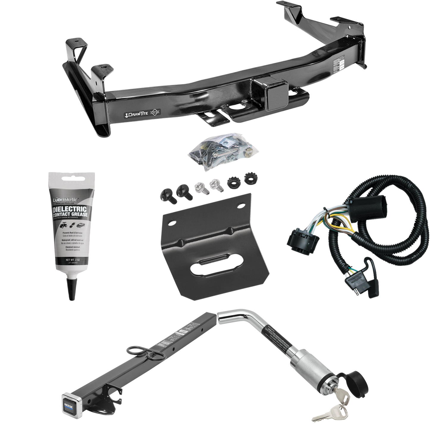 Fits 2007-2010 Chevrolet Silverado 3500 HD Trailer Hitch Tow PKG w/ 4-Flat Wiring Harness + 2-1/2" to 2" Adapter 24" Length + Hitch Lock + Wiring Bracket + Electric Grease By Draw-Tite