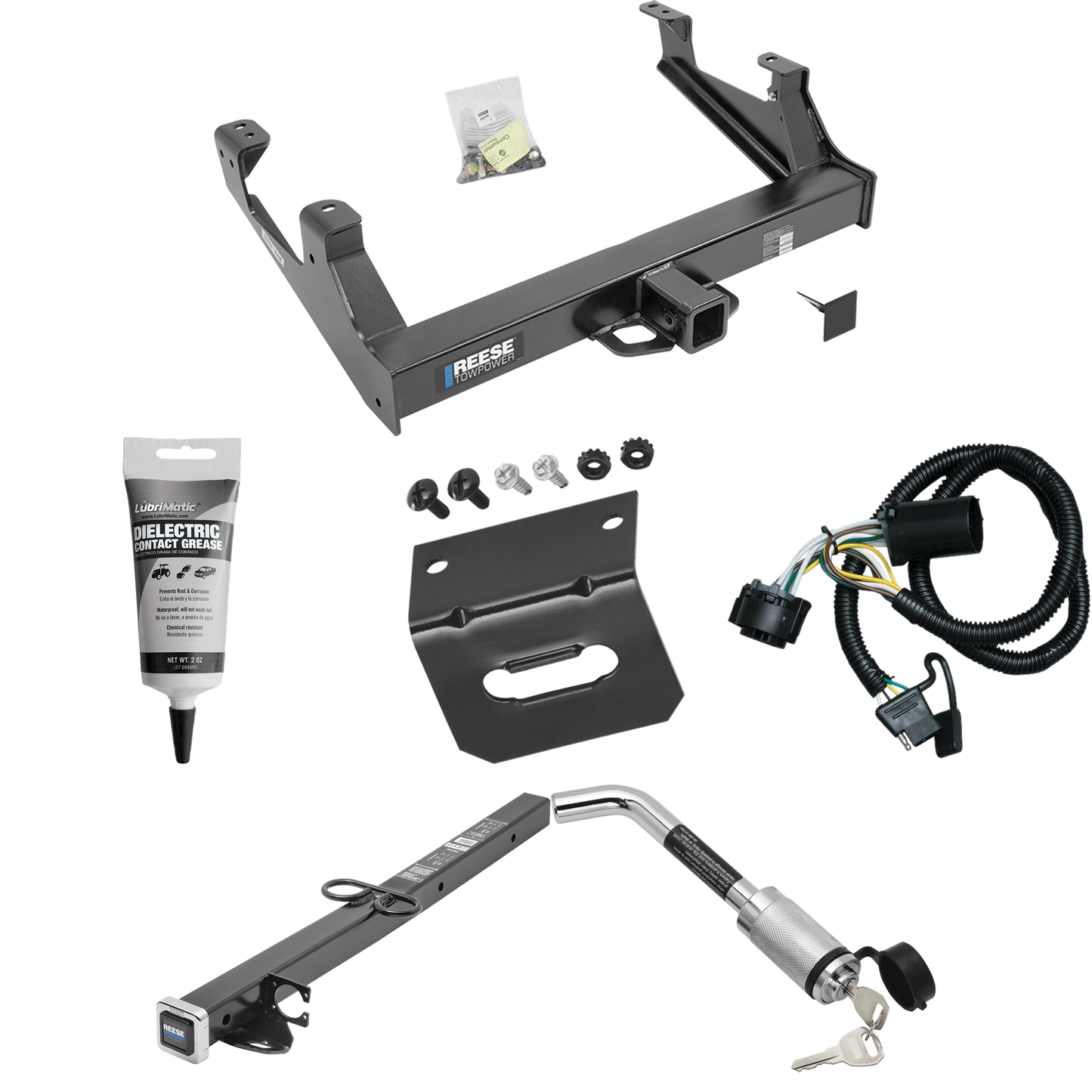 Fits 2015-2019 Chevrolet Silverado 3500 HD Trailer Hitch Tow PKG w/ 4-Flat Wiring Harness + 2-1/2" to 2" Adapter 24" Length + Hitch Lock + Wiring Bracket + Electric Grease By Reese Towpower