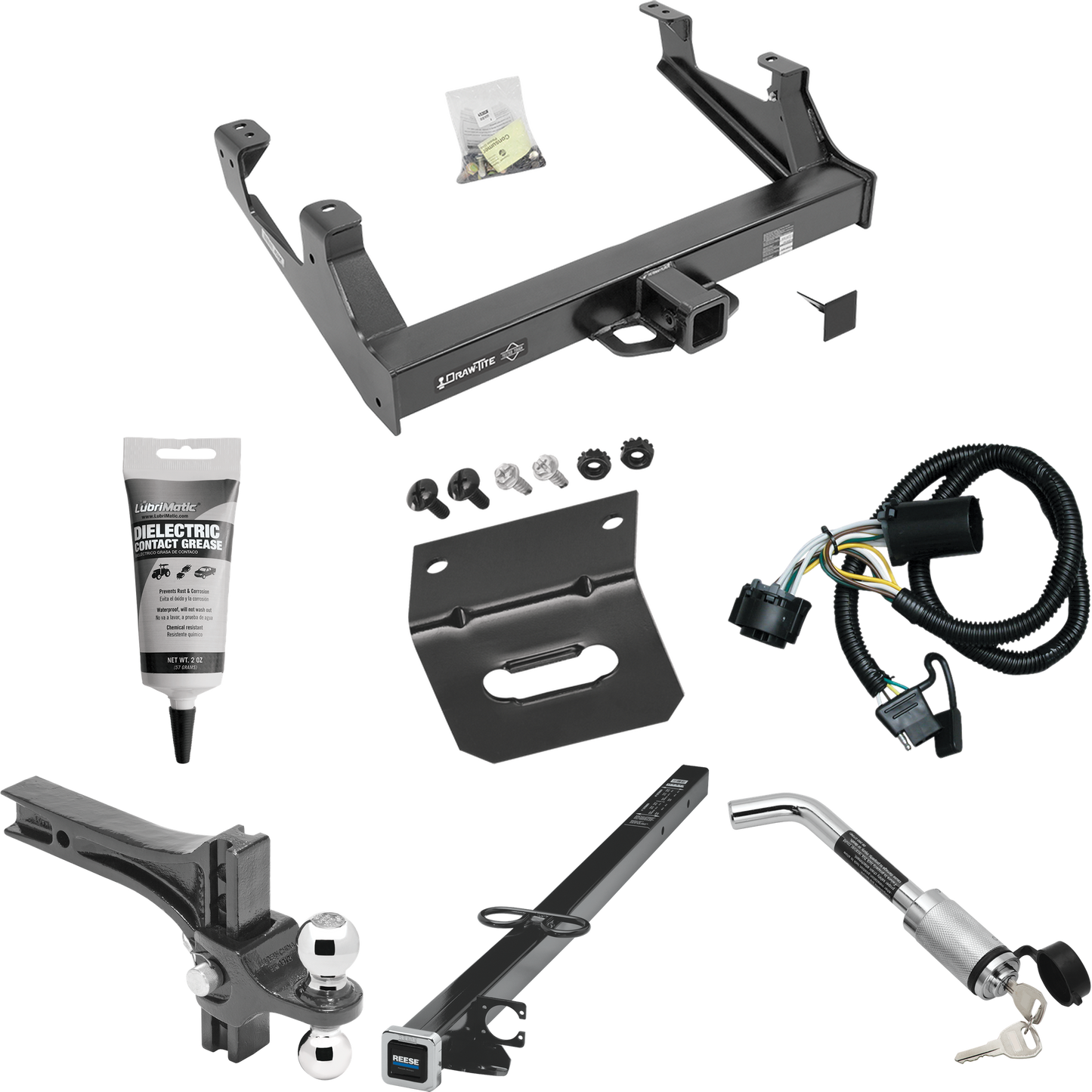 Fits 2015-2019 GMC Sierra 3500 HD Trailer Hitch Tow PKG w/ 4-Flat Wiring Harness + 2-1/2" to 2" Adapter 41" Length + Adjustable Drop Rise Dual Ball Ball Mount 2" & 2-5/16" Trailer Balls + Hitch Lock + Wiring Bracket + Electric Grease By Draw-Tite