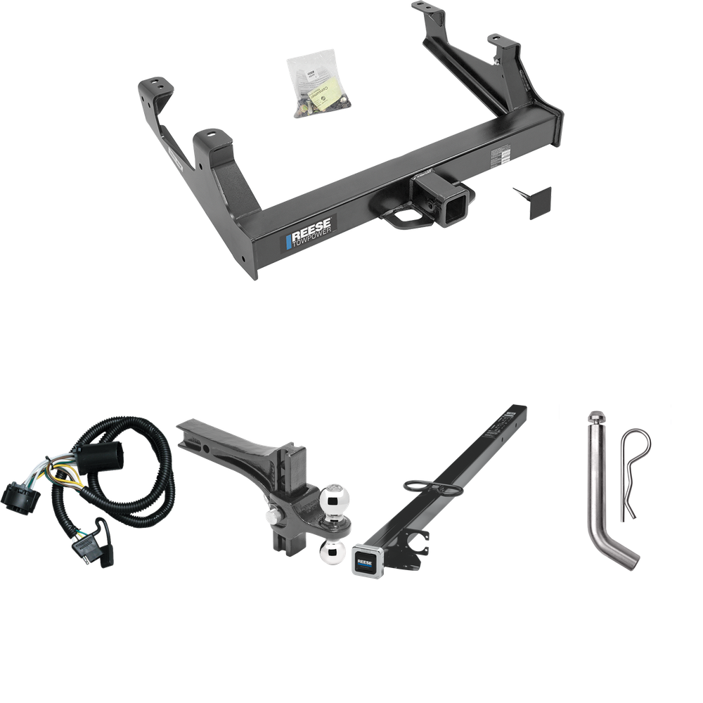 Fits 2015-2019 Chevrolet Silverado 2500 HD Trailer Hitch Tow PKG w/ 4-Flat Wiring Harness + 2-1/2" to 2" Adapter 41" Length + Adjustable Drop Rise Dual Ball Ball Mount 2" & 2-5/16" Trailer Balls + Pin/Clip By Reese Towpower