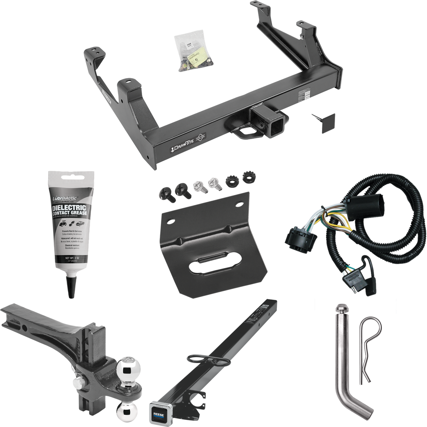 Fits 2015-2019 GMC Sierra 3500 HD Trailer Hitch Tow PKG w/ 4-Flat Wiring Harness + 2-1/2" to 2" Adapter 41" Length + Adjustable Drop Rise Dual Ball Ball Mount 2" & 2-5/16" Trailer Balls + Pin/Clip + Wiring Bracket + Electric Grease By Draw-Tite