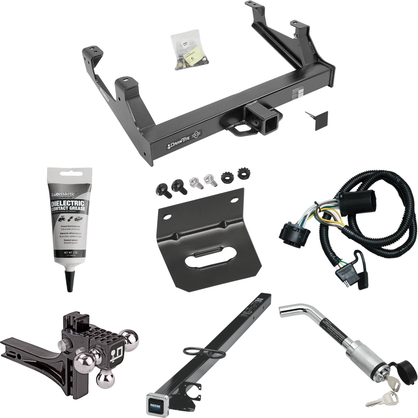 Fits 2015-2019 GMC Sierra 3500 HD Trailer Hitch Tow PKG w/ 4-Flat Wiring Harness + 2-1/2" to 2" Adapter 41" Length + Adjustable Drop Rise Triple Ball Ball Mount 1-7/8" & 2" & 2-5/16" Trailer Balls + Hitch Lock + Wiring Bracket + Electric Grease By Dr