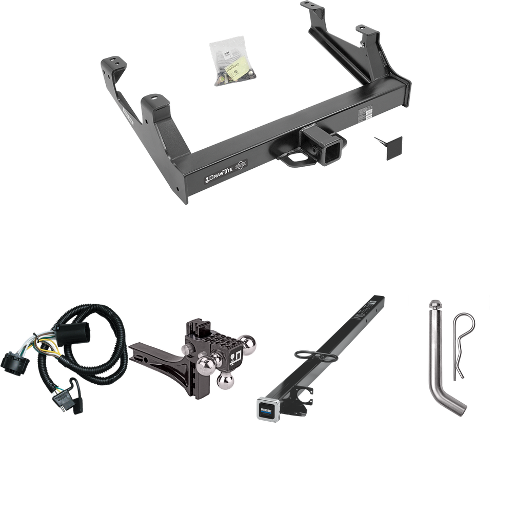 Fits 2015-2019 GMC Sierra 3500 HD Trailer Hitch Tow PKG w/ 4-Flat Wiring Harness + 2-1/2" to 2" Adapter 41" Length + Adjustable Drop Rise Triple Ball Ball Mount 1-7/8" & 2" & 2-5/16" Trailer Balls + Pin/Clip By Draw-Tite