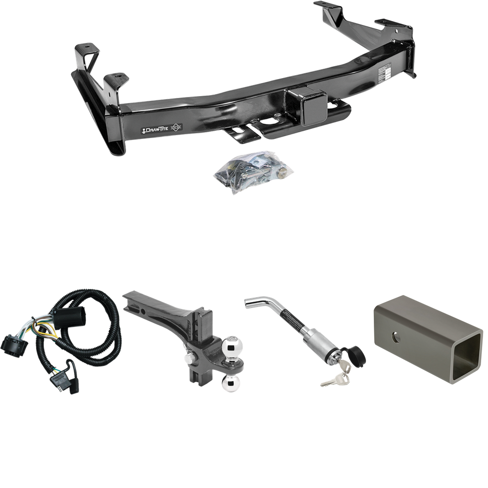 Fits 2007-2010 GMC Sierra 3500 HD Trailer Hitch Tow PKG w/ 4-Flat Wiring Harness + 2-1/2" to 2" Adapter 6" Length + Adjustable Drop Rise Dual Ball Ball Mount 2" & 2-5/16" Trailer Balls + Hitch Lock By Draw-Tite