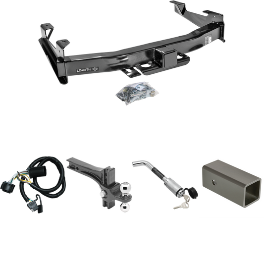 Fits 2007-2010 GMC Sierra 3500 HD Trailer Hitch Tow PKG w/ 4-Flat Wiring Harness + 2-1/2" to 2" Adapter 6" Length + Adjustable Drop Rise Dual Ball Ball Mount 2" & 2-5/16" Trailer Balls + Hitch Lock By Draw-Tite