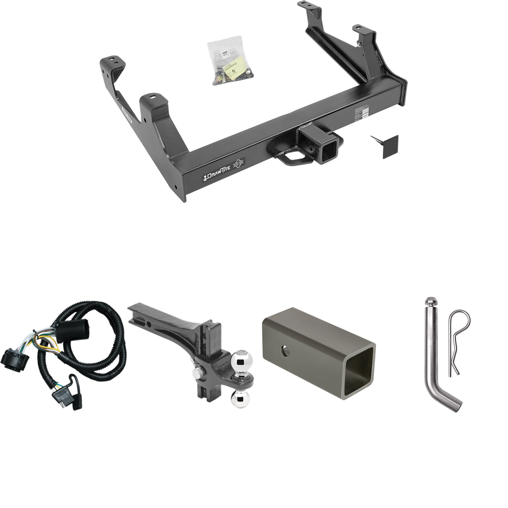 Fits 2015-2019 GMC Sierra 3500 HD Trailer Hitch Tow PKG w/ 4-Flat Wiring Harness + 2-1/2" to 2" Adapter 6" Length + Adjustable Drop Rise Dual Ball Ball Mount 2" & 2-5/16" Trailer Balls + Pin/Clip By Draw-Tite