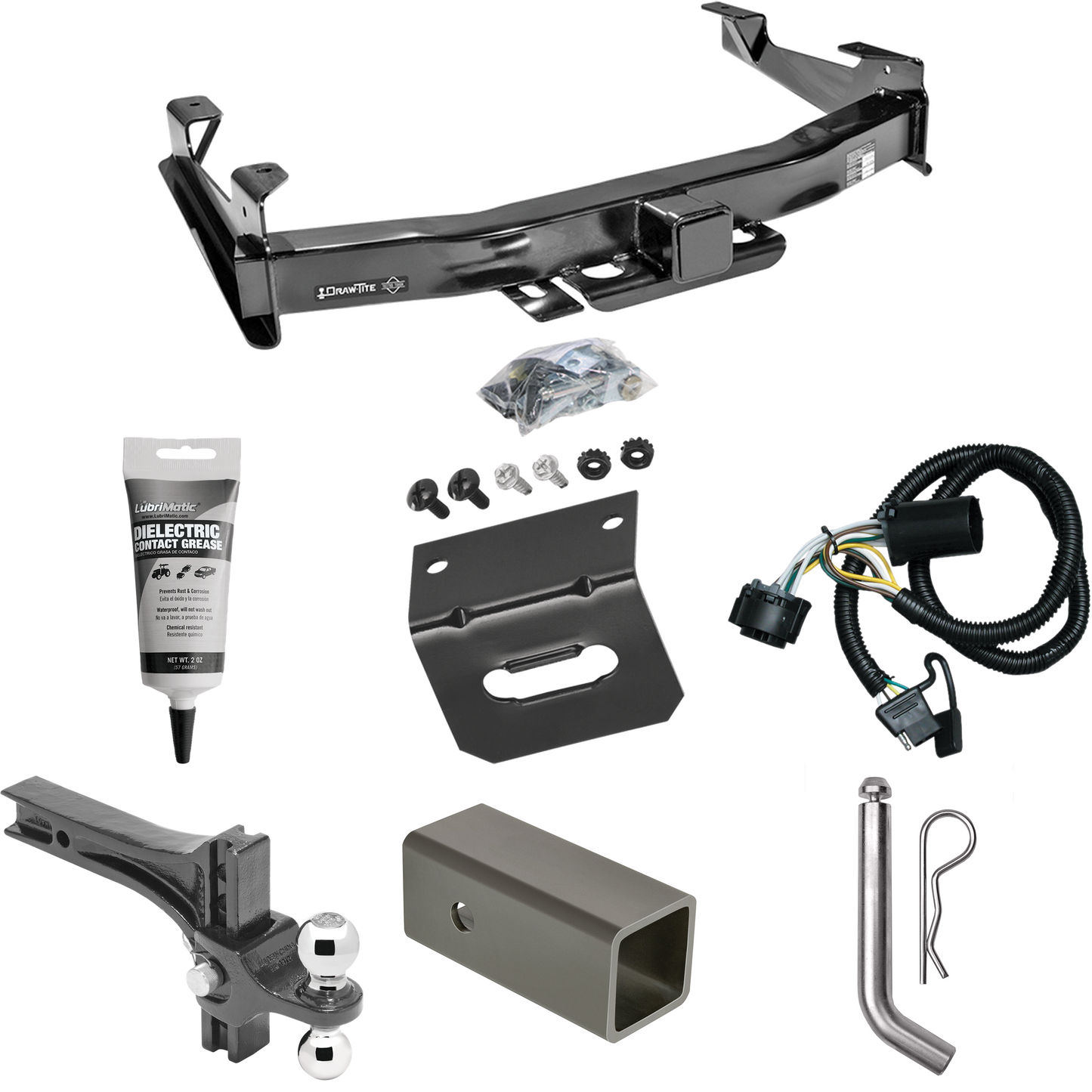 Fits 2007-2010 GMC Sierra 2500 HD Trailer Hitch Tow PKG w/ 4-Flat Wiring Harness + 2-1/2" to 2" Adapter 6" Length + Adjustable Drop Rise Dual Ball Ball Mount 2" & 2-5/16" Trailer Balls + Pin/Clip + Wiring Bracket + Electric Grease By Draw-Tite