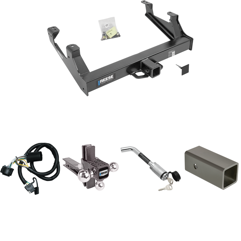 Fits 2015-2019 Chevrolet Silverado 3500 HD Trailer Hitch Tow PKG w/ 4-Flat Wiring Harness + 2-1/2" to 2" Adapter 6" Length + Adjustable Drop Rise Triple Ball Ball Mount 1-7/8" & 2" & 2-5/16" Trailer Balls + Hitch Lock By Reese Towpower