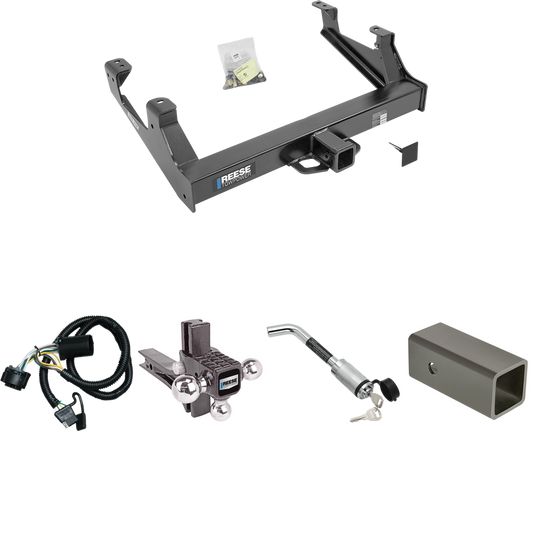 Fits 2015-2019 Chevrolet Silverado 3500 HD Trailer Hitch Tow PKG w/ 4-Flat Wiring Harness + 2-1/2" to 2" Adapter 6" Length + Adjustable Drop Rise Triple Ball Ball Mount 1-7/8" & 2" & 2-5/16" Trailer Balls + Hitch Lock By Reese Towpower