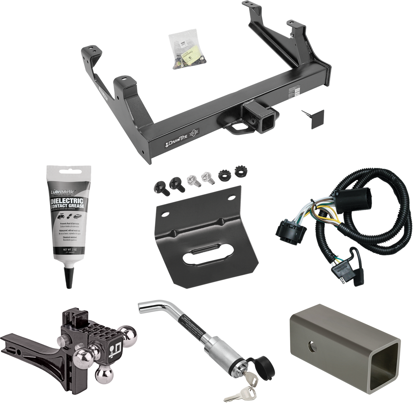 Fits 2015-2019 Chevrolet Silverado 3500 HD Trailer Hitch Tow PKG w/ 4-Flat Wiring Harness + 2-1/2" to 2" Adapter 6" Length + Adjustable Drop Rise Triple Ball Ball Mount 1-7/8" & 2" & 2-5/16" Trailer Balls + Hitch Lock + Wiring Bracket + Electric Grea