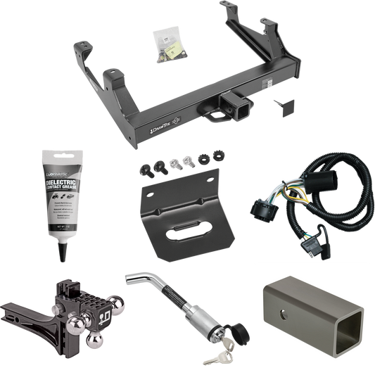 Fits 2015-2019 Chevrolet Silverado 3500 HD Trailer Hitch Tow PKG w/ 4-Flat Wiring Harness + 2-1/2" to 2" Adapter 6" Length + Adjustable Drop Rise Triple Ball Ball Mount 1-7/8" & 2" & 2-5/16" Trailer Balls + Hitch Lock + Wiring Bracket + Electric Grea