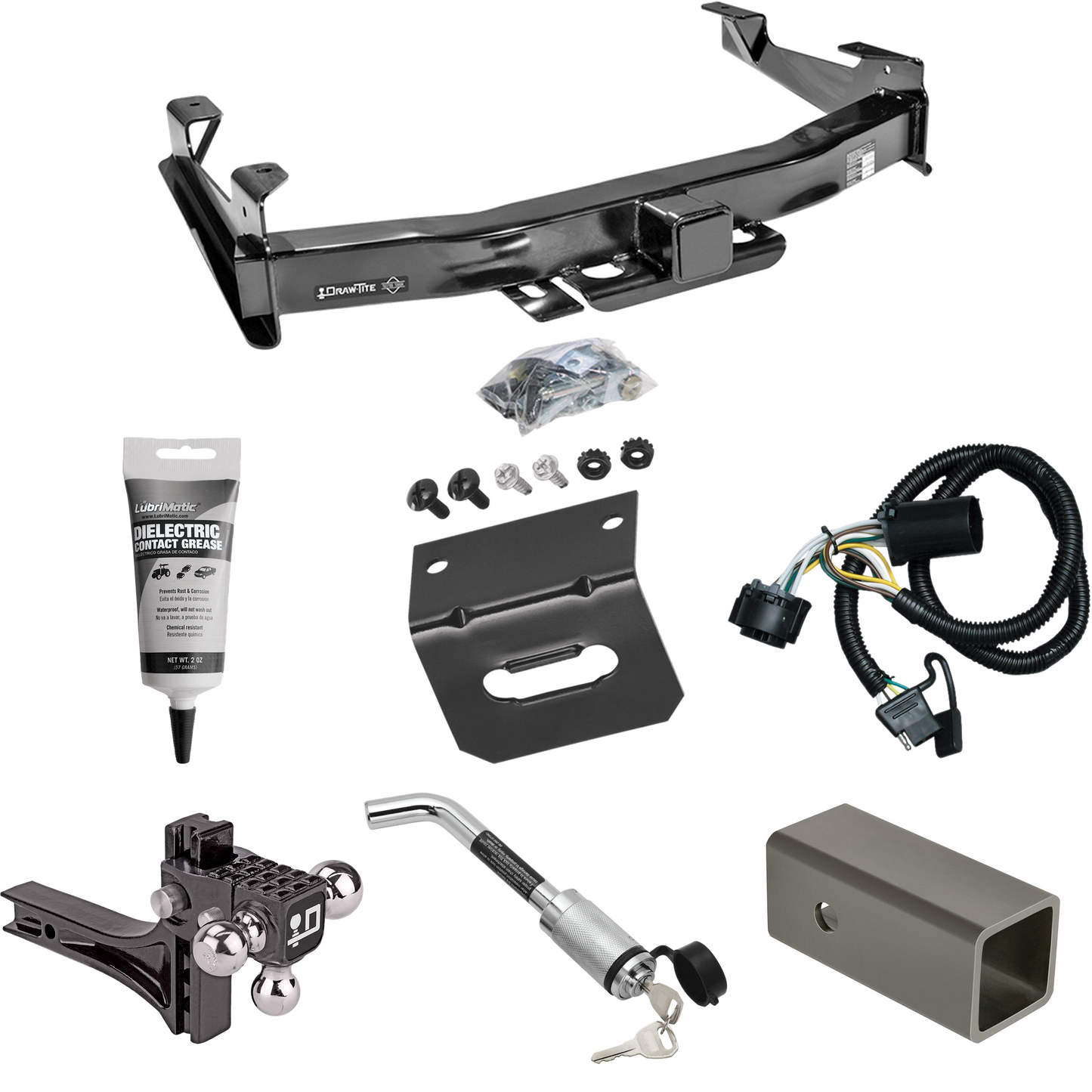 Fits 2007-2010 GMC Sierra 2500 HD Trailer Hitch Tow PKG w/ 4-Flat Wiring Harness + 2-1/2" to 2" Adapter 6" Length + Adjustable Drop Rise Triple Ball Ball Mount 1-7/8" & 2" & 2-5/16" Trailer Balls + Hitch Lock + Wiring Bracket + Electric Grease By Dra