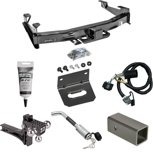 Fits 2007-2010 GMC Sierra 2500 HD Trailer Hitch Tow PKG w/ 4-Flat Wiring Harness + 2-1/2" to 2" Adapter 6" Length + Adjustable Drop Rise Triple Ball Ball Mount 1-7/8" & 2" & 2-5/16" Trailer Balls + Hitch Lock + Wiring Bracket + Electric Grease By Dra