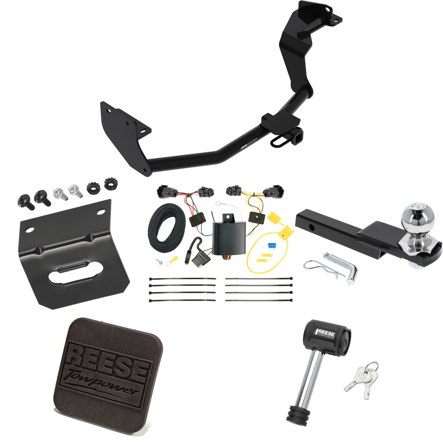 Fits 2016-2020 KIA Sorento Trailer Hitch Tow PKG w/ 4-Flat Wiring Harness + Interlock Starter Kit w/ 2" Ball 1-1/4" Drop 3/4" Rise + Wiring Bracket + Hitch Cover + Hitch Lock (For w/I4 Engine Models) By Reese Towpower