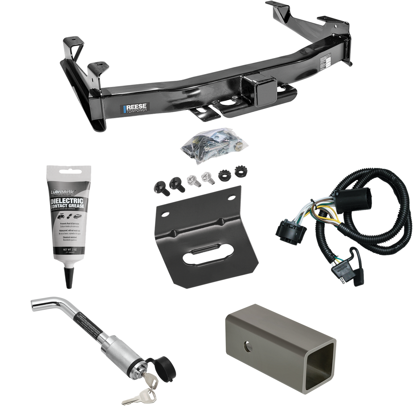 Fits 2007-2010 Chevrolet Silverado 2500 HD Trailer Hitch Tow PKG w/ 4-Flat Wiring Harness + 2-1/2" to 2" Adapter 6" Length + Hitch Lock + Wiring Bracket + Electric Grease By Reese Towpower