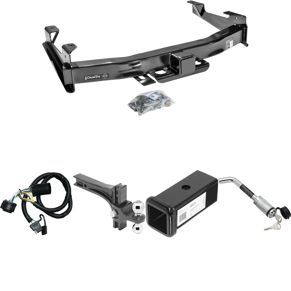 Fits 2007-2010 Chevrolet Silverado 3500 HD Trailer Hitch Tow PKG w/ 4-Flat Wiring Harness + 2-1/2" to 2" Adapter 7" Length + Adjustable Drop Rise Dual Ball Ball Mount 2" & 2-5/16" Trailer Balls + Hitch Lock By Draw-Tite