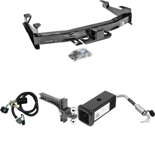 Fits 2007-2010 Chevrolet Silverado 3500 HD Trailer Hitch Tow PKG w/ 4-Flat Wiring Harness + 2-1/2" to 2" Adapter 7" Length + Adjustable Drop Rise Dual Ball Ball Mount 2" & 2-5/16" Trailer Balls + Hitch Lock By Draw-Tite