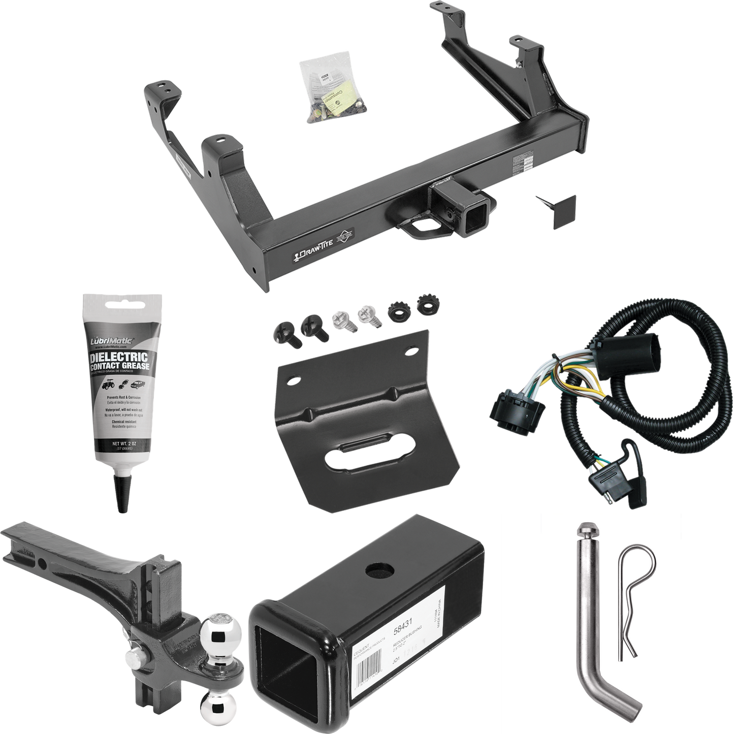 Fits 2015-2019 Chevrolet Silverado 2500 HD Trailer Hitch Tow PKG w/ 4-Flat Wiring Harness + 2-1/2" to 2" Adapter 7" Length + Adjustable Drop Rise Dual Ball Ball Mount 2" & 2-5/16" Trailer Balls + Pin/Clip + Wiring Bracket + Electric Grease By Draw-Ti