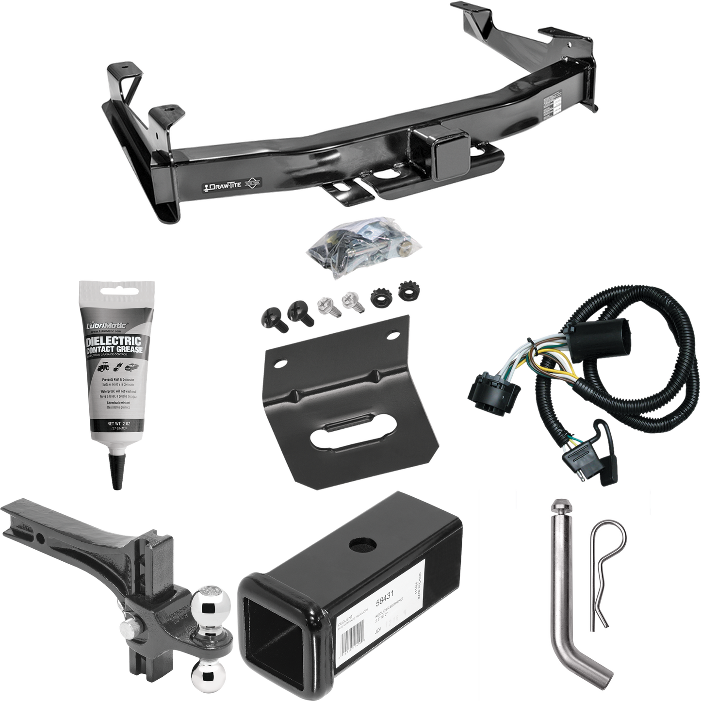 Fits 2007-2010 GMC Sierra 3500 HD Trailer Hitch Tow PKG w/ 4-Flat Wiring Harness + 2-1/2" to 2" Adapter 7" Length + Adjustable Drop Rise Dual Ball Ball Mount 2" & 2-5/16" Trailer Balls + Pin/Clip + Wiring Bracket + Electric Grease By Draw-Tite