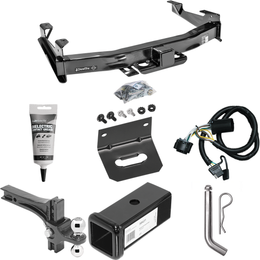 Fits 2007-2010 GMC Sierra 3500 HD Trailer Hitch Tow PKG w/ 4-Flat Wiring Harness + 2-1/2" to 2" Adapter 7" Length + Adjustable Drop Rise Dual Ball Ball Mount 2" & 2-5/16" Trailer Balls + Pin/Clip + Wiring Bracket + Electric Grease By Draw-Tite