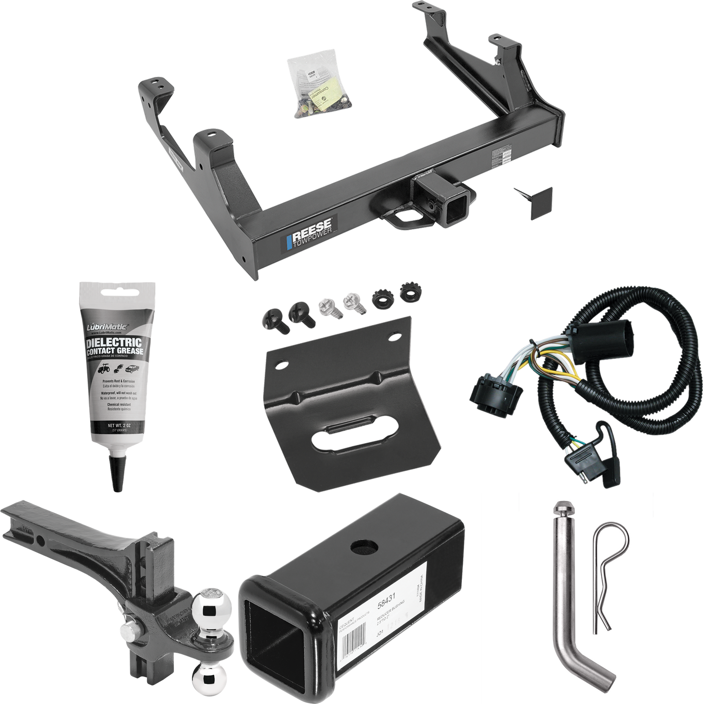 Fits 2015-2019 Chevrolet Silverado 2500 HD Trailer Hitch Tow PKG w/ 4-Flat Wiring Harness + 2-1/2" to 2" Adapter 7" Length + Adjustable Drop Rise Dual Ball Ball Mount 2" & 2-5/16" Trailer Balls + Pin/Clip + Wiring Bracket + Electric Grease By Reese T