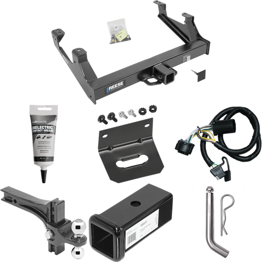 Fits 2015-2019 Chevrolet Silverado 2500 HD Trailer Hitch Tow PKG w/ 4-Flat Wiring Harness + 2-1/2" to 2" Adapter 7" Length + Adjustable Drop Rise Dual Ball Ball Mount 2" & 2-5/16" Trailer Balls + Pin/Clip + Wiring Bracket + Electric Grease By Reese T