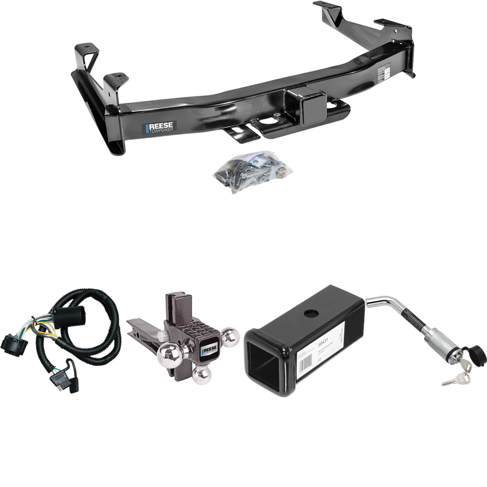 Fits 2007-2010 GMC Sierra 3500 HD Trailer Hitch Tow PKG w/ 4-Flat Wiring Harness + 2-1/2" to 2" Adapter 7" Length + Adjustable Drop Rise Triple Ball Ball Mount 1-7/8" & 2" & 2-5/16" Trailer Balls + Hitch Lock By Reese Towpower