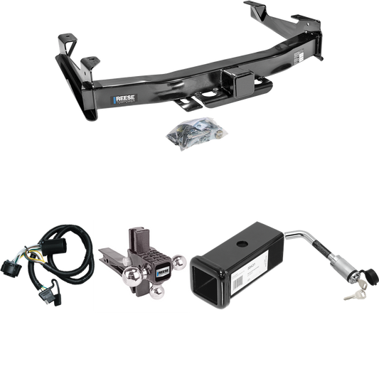 Fits 2007-2010 GMC Sierra 3500 HD Trailer Hitch Tow PKG w/ 4-Flat Wiring Harness + 2-1/2" to 2" Adapter 7" Length + Adjustable Drop Rise Triple Ball Ball Mount 1-7/8" & 2" & 2-5/16" Trailer Balls + Hitch Lock By Reese Towpower