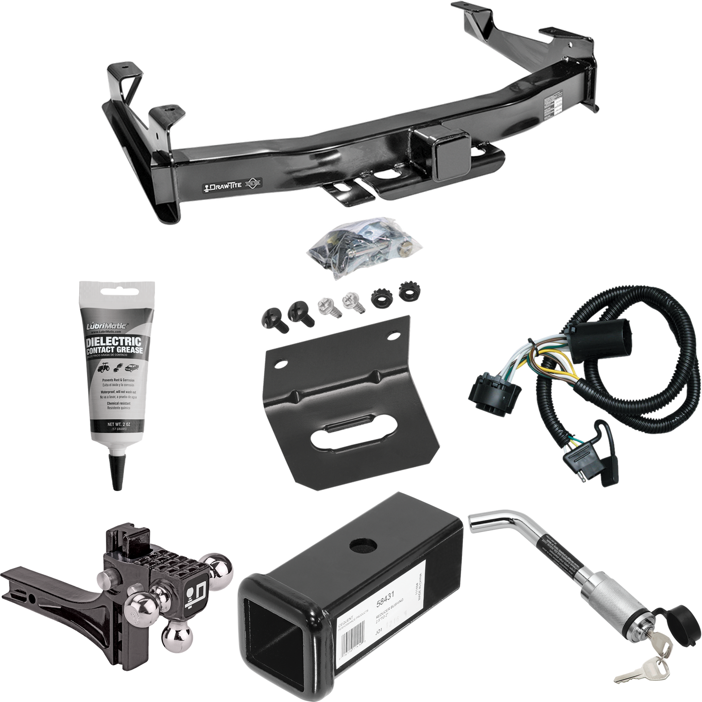 Fits 2007-2010 GMC Sierra 3500 HD Trailer Hitch Tow PKG w/ 4-Flat Wiring Harness + 2-1/2" to 2" Adapter 7" Length + Adjustable Drop Rise Triple Ball Ball Mount 1-7/8" & 2" & 2-5/16" Trailer Balls + Hitch Lock + Wiring Bracket + Electric Grease By Dra