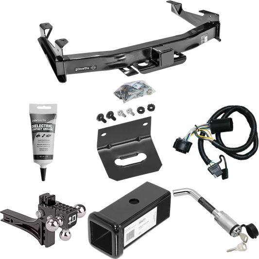 Fits 2007-2010 GMC Sierra 3500 HD Trailer Hitch Tow PKG w/ 4-Flat Wiring Harness + 2-1/2" to 2" Adapter 7" Length + Adjustable Drop Rise Triple Ball Ball Mount 1-7/8" & 2" & 2-5/16" Trailer Balls + Hitch Lock + Wiring Bracket + Electric Grease By Dra