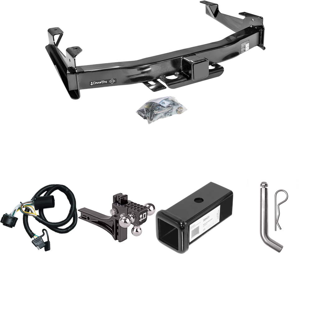 Fits 2007-2010 GMC Sierra 3500 HD Trailer Hitch Tow PKG w/ 4-Flat Wiring Harness + 2-1/2" to 2" Adapter 7" Length + Adjustable Drop Rise Triple Ball Ball Mount 1-7/8" & 2" & 2-5/16" Trailer Balls + Pin/Clip By Draw-Tite