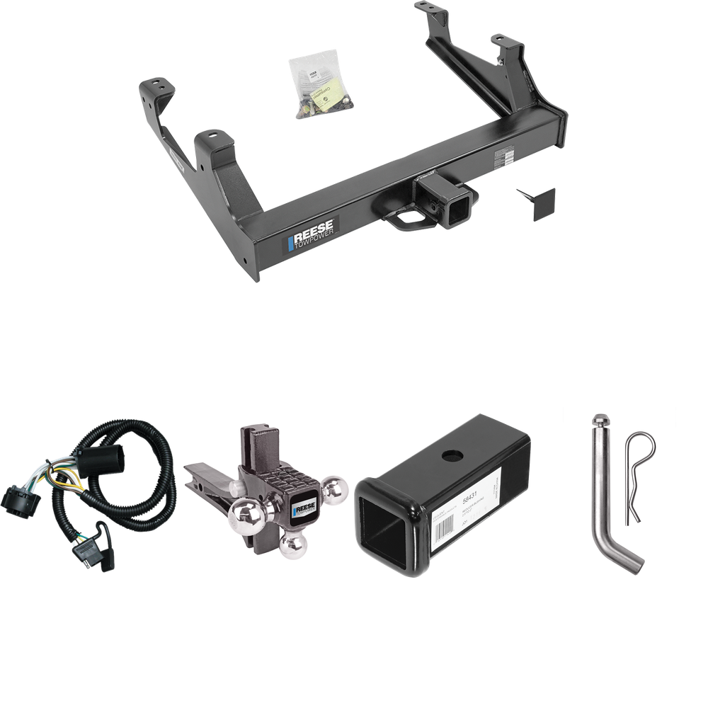 Fits 2015-2019 Chevrolet Silverado 2500 HD Trailer Hitch Tow PKG w/ 4-Flat Wiring Harness + 2-1/2" to 2" Adapter 7" Length + Adjustable Drop Rise Triple Ball Ball Mount 1-7/8" & 2" & 2-5/16" Trailer Balls + Pin/Clip By Reese Towpower