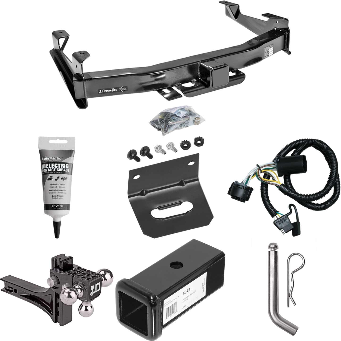 Fits 2007-2010 Chevrolet Silverado 2500 HD Trailer Hitch Tow PKG w/ 4-Flat Wiring Harness + 2-1/2" to 2" Adapter 7" Length + Adjustable Drop Rise Triple Ball Ball Mount 1-7/8" & 2" & 2-5/16" Trailer Balls + Pin/Clip + Wiring Bracket + Electric Grease