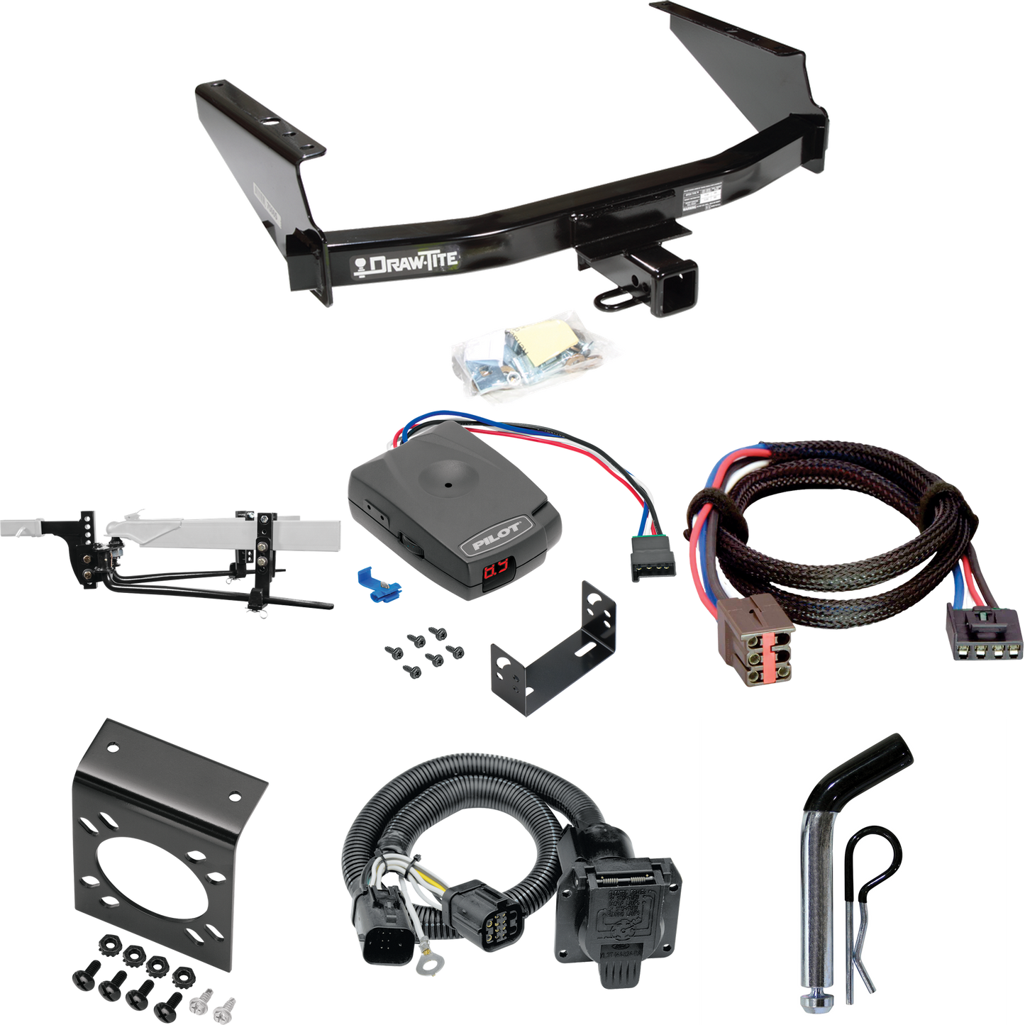 Fits 1997-1999 Ford F-250 Trailer Hitch Tow PKG w/ 8K Round Bar Weight Distribution Hitch w/ 2-5/16" Ball + Pin/Clip + Pro Series Pilot Brake Control + Plug & Play BC Adapter + 7-Way RV Wiring (For Styleside Models) By Draw-Tite