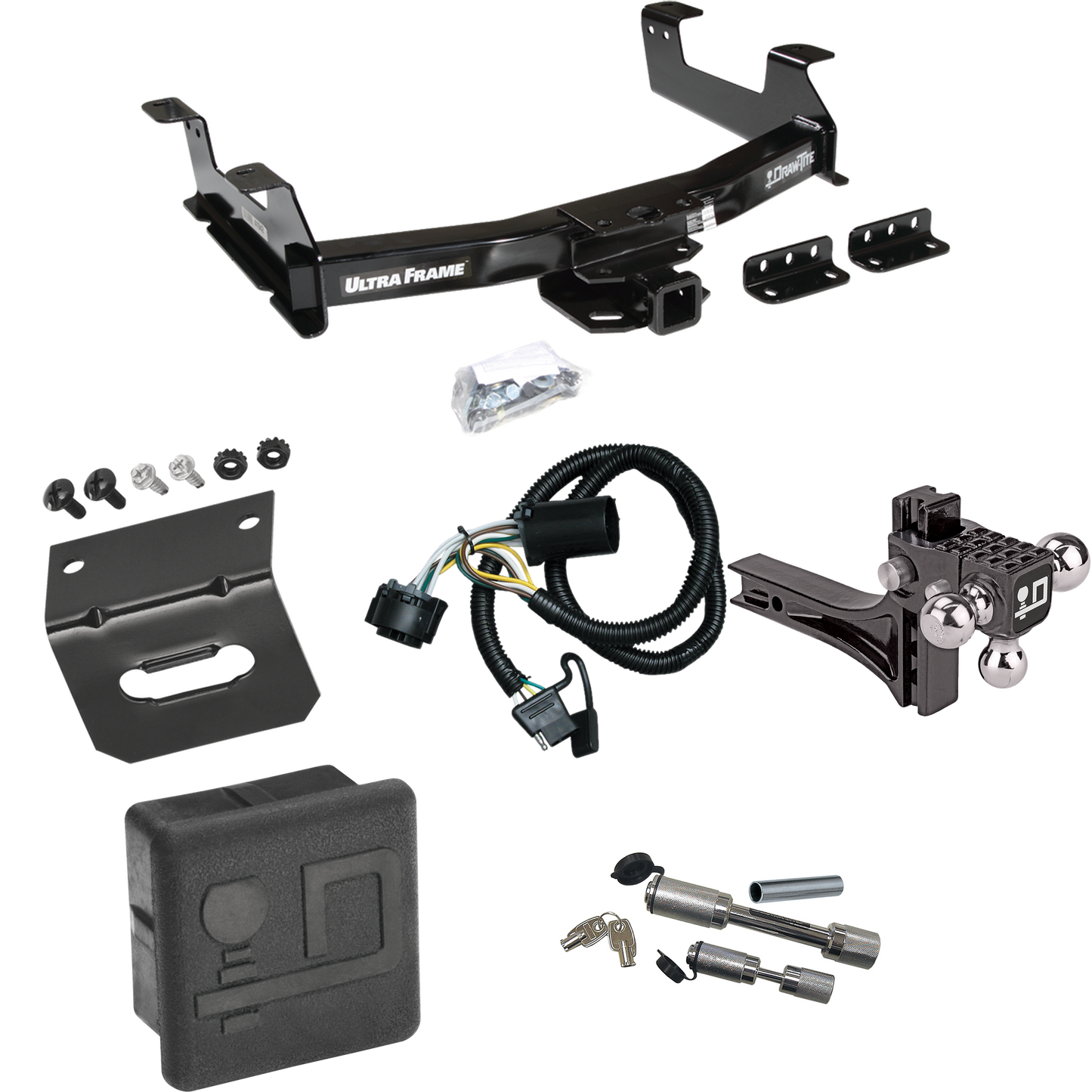 Fits 2011-2014 Chevrolet Silverado 2500 HD Trailer Hitch Tow PKG w/ 4-Flat Wiring Harness + Adjustable Drop Rise Triple Ball Ball Mount 1-7/8" & 2" & 2-5/16" Trailer Balls + Dual Hitch & Coupler Locks + Hitch Cover + Wiring Bracket By Draw-Tite