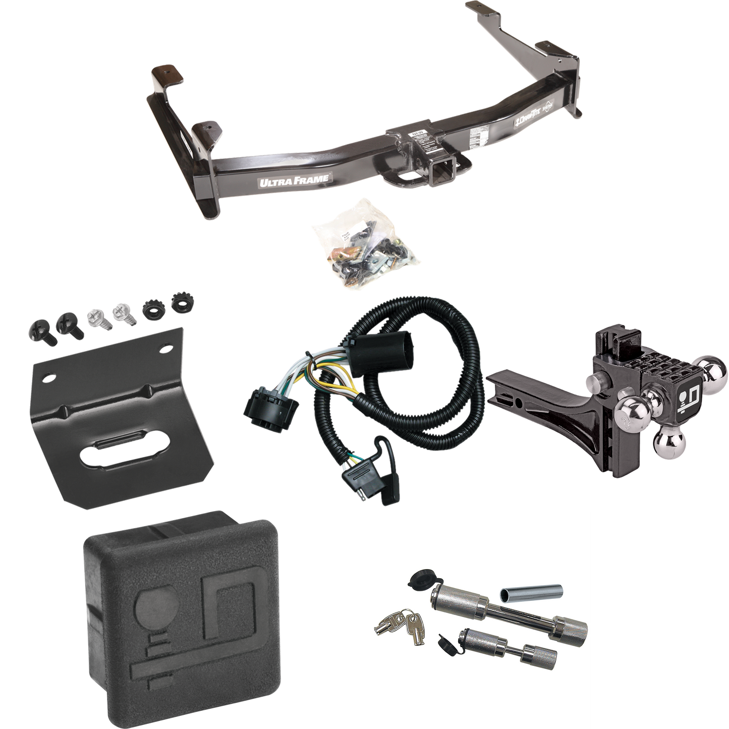 Fits 2007-2010 Chevrolet Silverado 3500 HD Trailer Hitch Tow PKG w/ 4-Flat Wiring Harness + Adjustable Drop Rise Triple Ball Ball Mount 1-7/8" & 2" & 2-5/16" Trailer Balls + Dual Hitch & Coupler Locks + Hitch Cover + Wiring Bracket By Draw-Tite