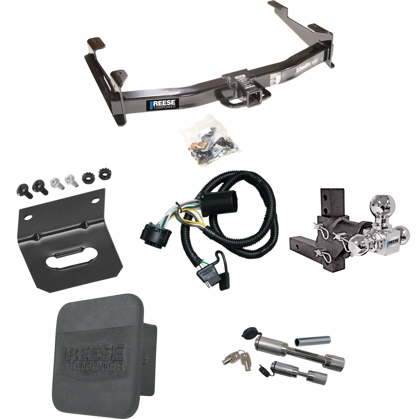 Fits 2007-2010 Chevrolet Silverado 3500 HD Trailer Hitch Tow PKG w/ 4-Flat Wiring Harness + Adjustable Drop Rise Triple Ball Ball Mount 1-7/8" & 2" & 2-5/16" Trailer Balls + Dual Hitch & Coupler Locks + Hitch Cover + Wiring Bracket By Reese Towpower