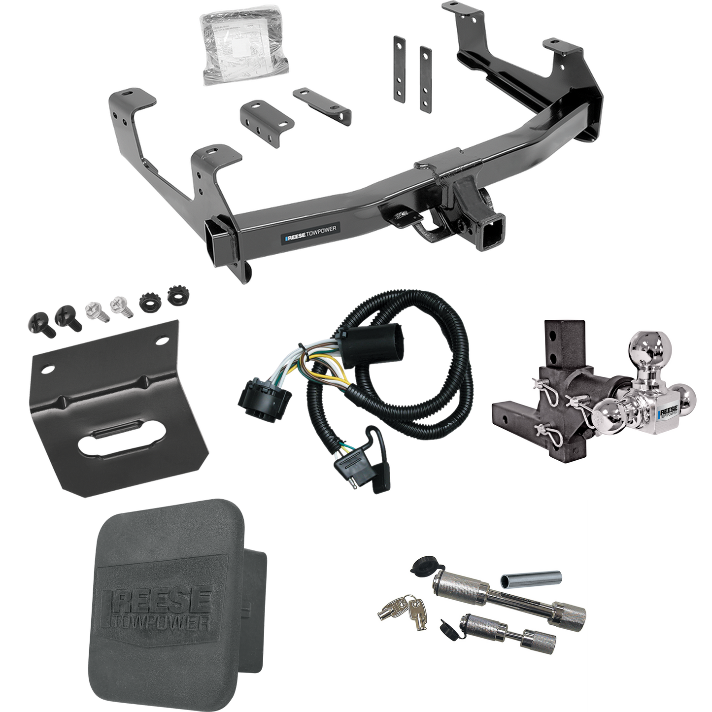 Fits 2015-2019 Chevrolet Silverado 2500 HD Trailer Hitch Tow PKG w/ 4-Flat Wiring Harness + Adjustable Drop Rise Triple Ball Ball Mount 1-7/8" & 2" & 2-5/16" Trailer Balls + Dual Hitch & Coupler Locks + Hitch Cover + Wiring Bracket By Reese Towpower