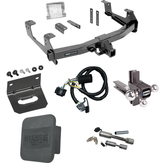 Fits 2015-2019 GMC Sierra 3500 HD Trailer Hitch Tow PKG w/ 4-Flat Wiring Harness + Adjustable Drop Rise Triple Ball Ball Mount 1-7/8" & 2" & 2-5/16" Trailer Balls + Dual Hitch & Coupler Locks + Hitch Cover + Wiring Bracket By Reese Towpower